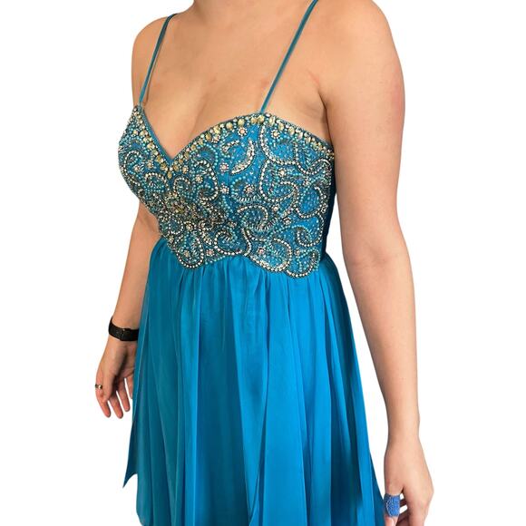 Dave & Johnny Cobalt Turquoise Beaded Rhinestone Flowy Draped Gown Prom Ball 3/4 - Picture 2 of 4